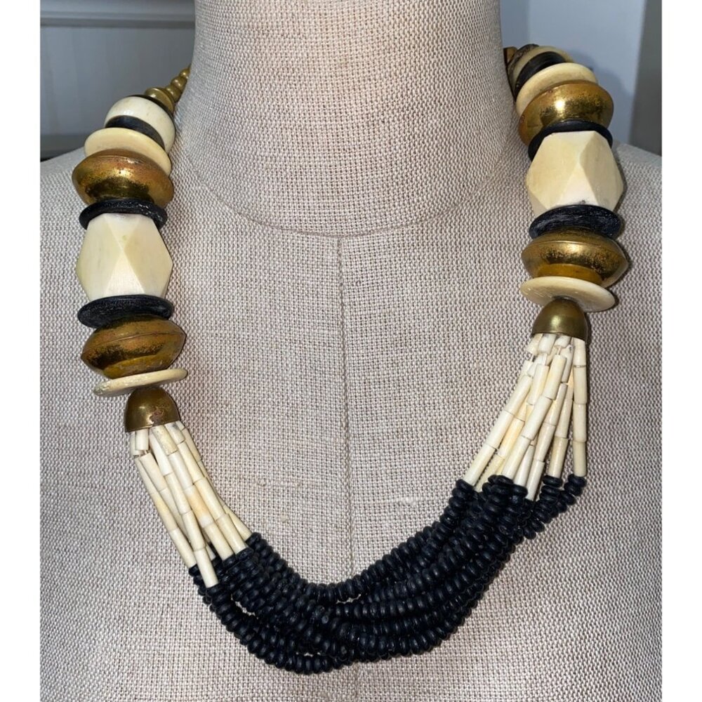 Bulky Beaded Necklace 24 Inches Women Hook Eye Cream Black Gold Brown Brass Shel